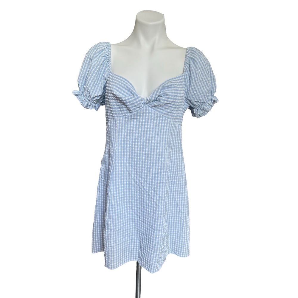 Princess Polly Blue Babydoll Gingham Puff Sleeve Mini Dress Sweetheart Neck 10